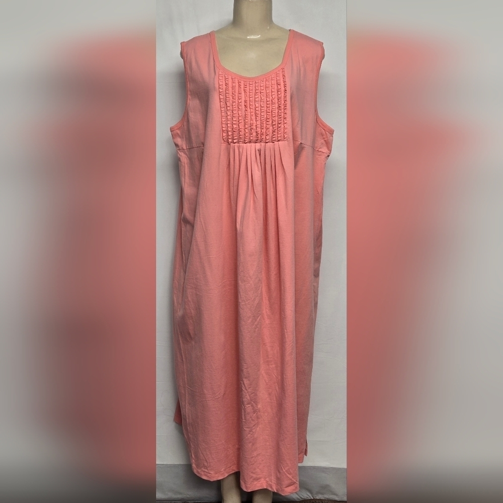 Woman Within L Sleeveless Long Nightgown Coral Cotton Spandex Ruffled